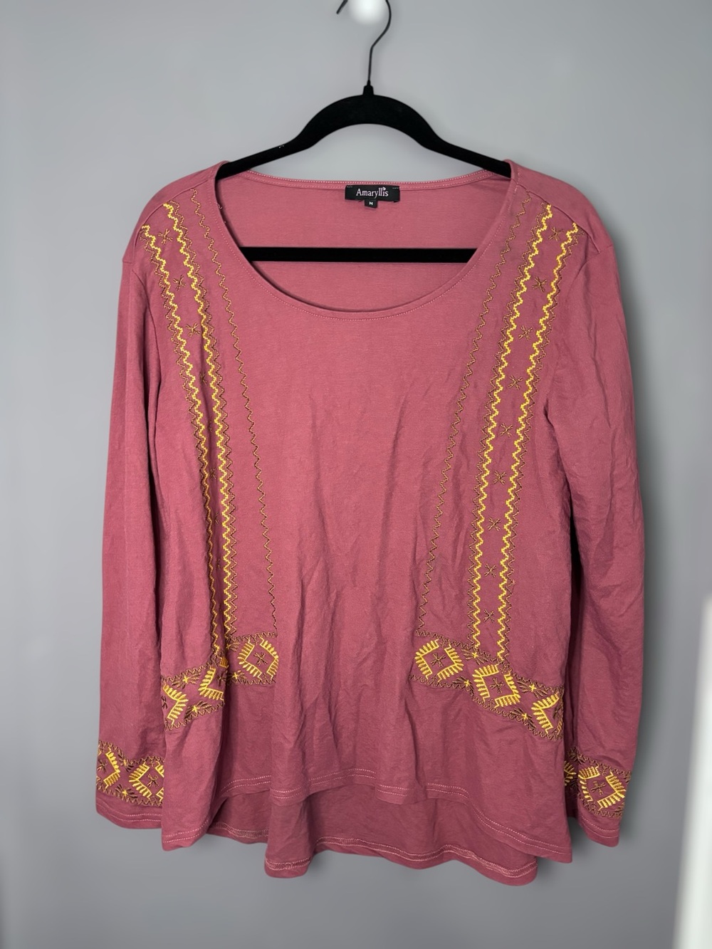 Amaryllis Dusty Rose Embroidered Long Sleeve Top Medium